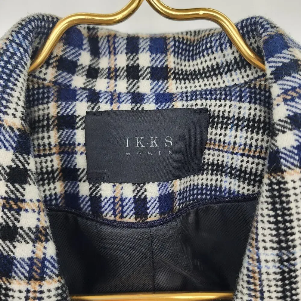 Ikks‎ Women's Plaid Double-Breasted Blazer Wool Size XS Oversized